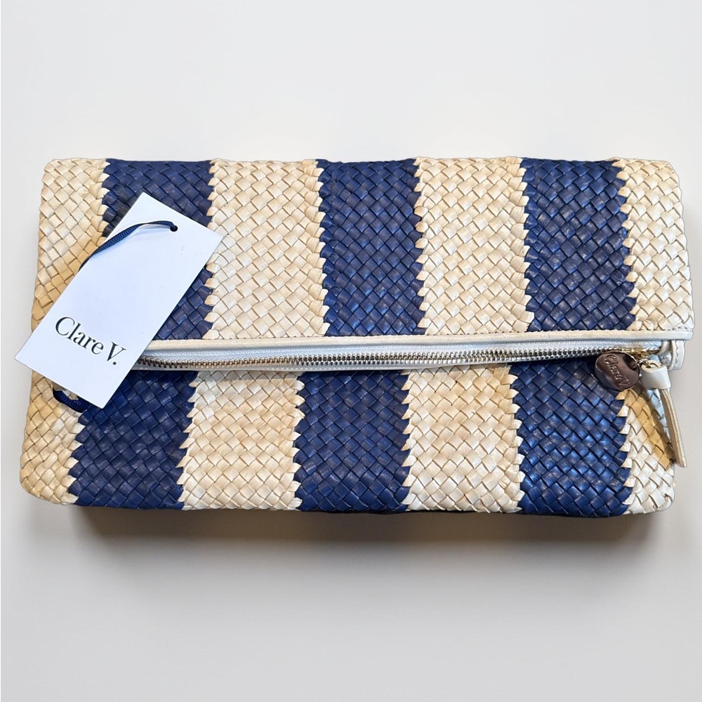 Clare V. | Foldover Clutch with Tabs, Indigo and Cream Woven Racing Stripes
